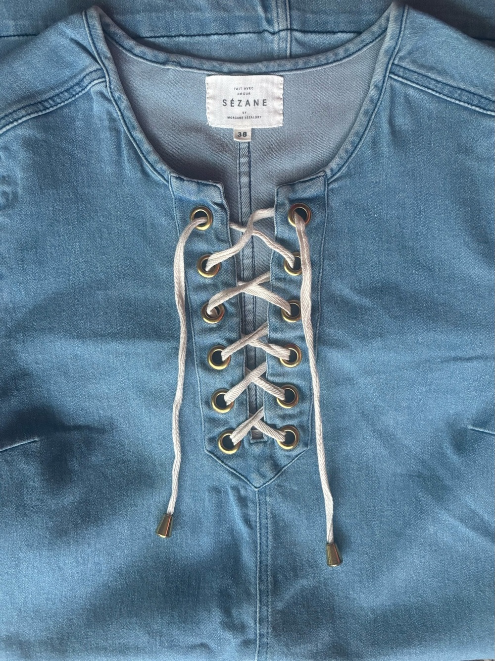 Sézane Giulia Denim Lace-Up Shift Dress Ecru EU 38 / US 6 - Picture 4 of 8